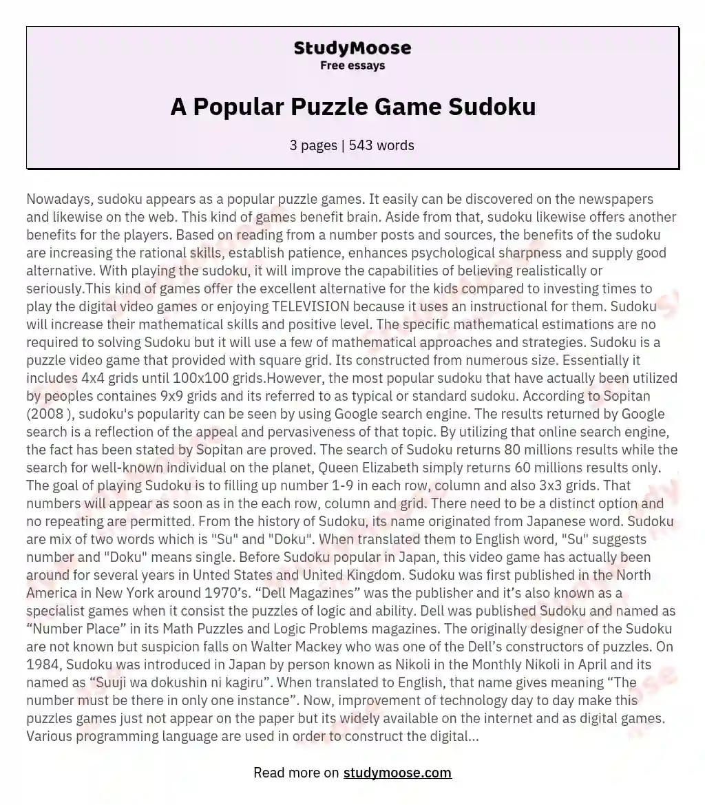 A Popular Puzzle Game Sudoku essay