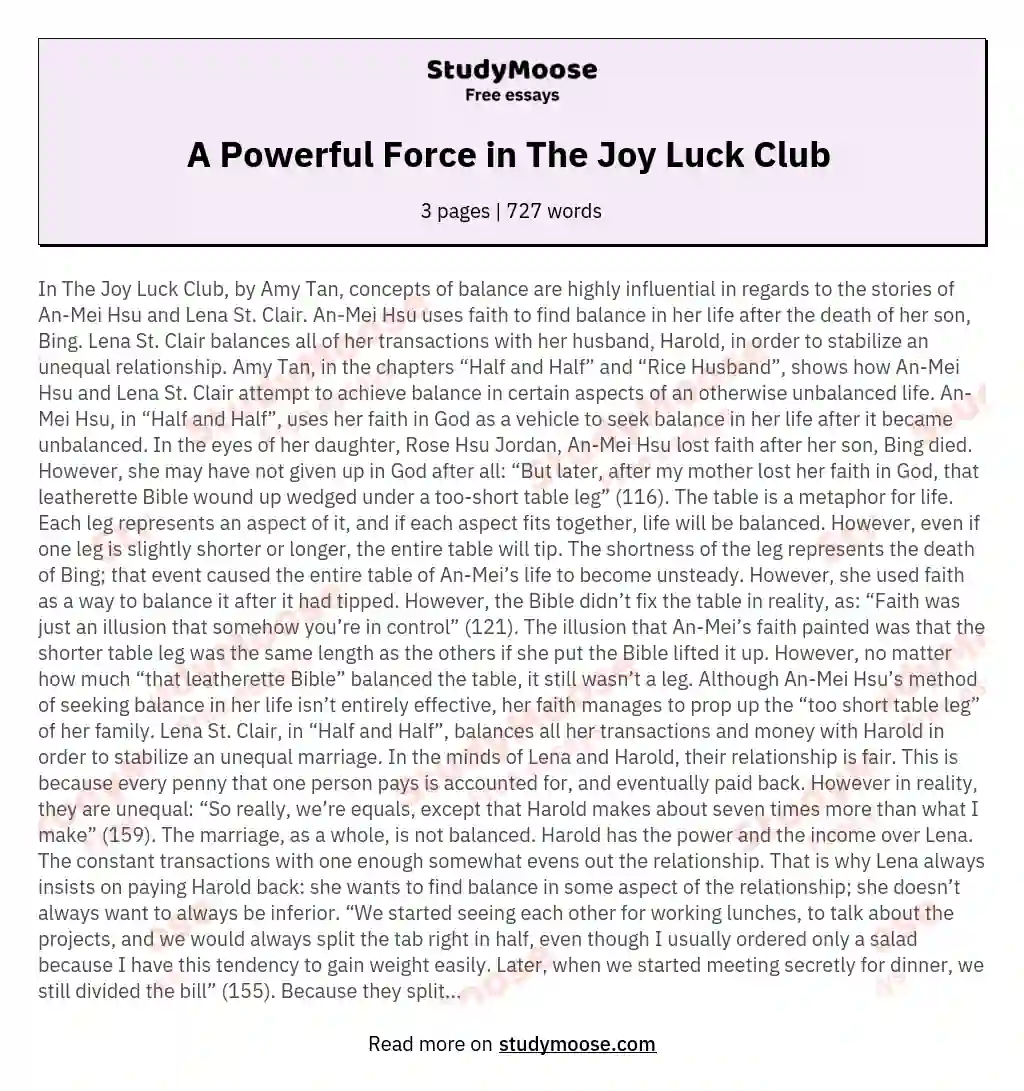 A Powerful Force in The Joy Luck Club  essay