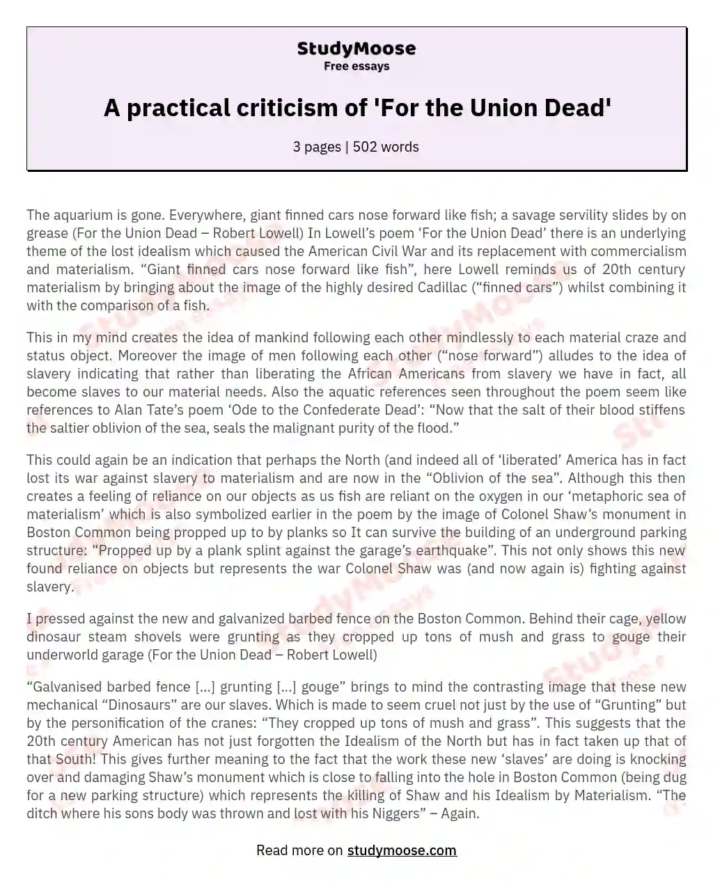 A practical criticism of 'For the Union Dead'