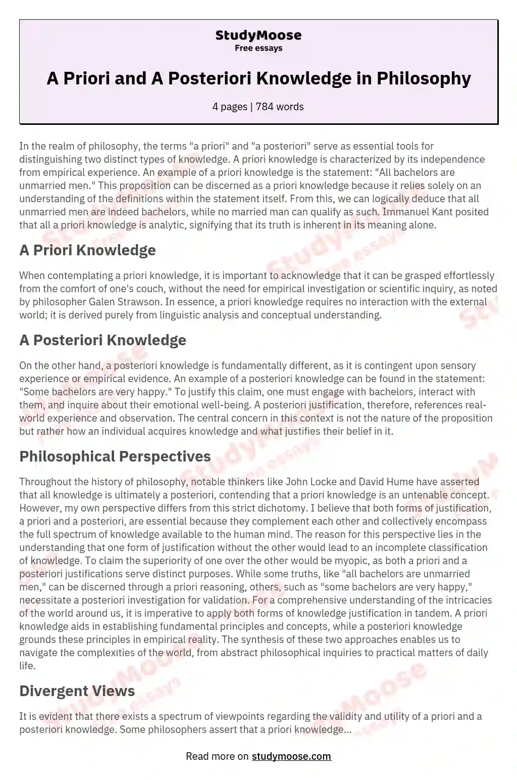 A Priori and A Posteriori Knowledge in Philosophy essay