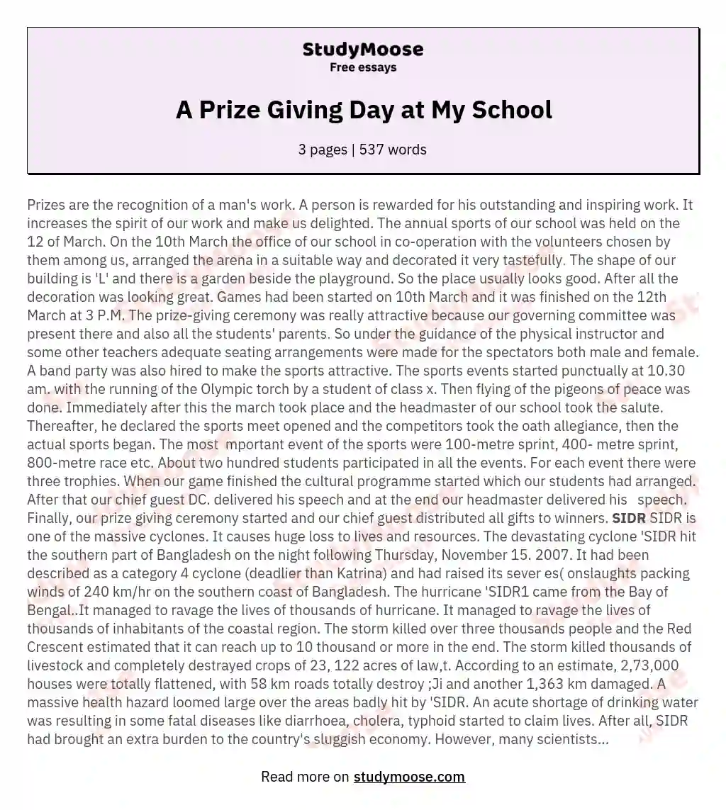 A Prize Giving Day at My School essay