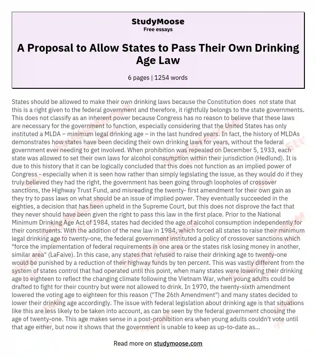 A Proposal to Allow States to Pass Their Own Drinking Age Law essay