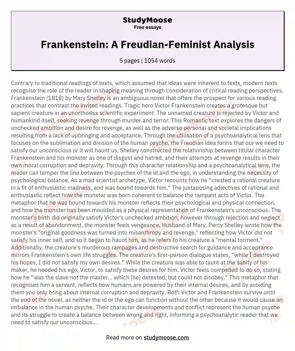 A Psychoanalytical and Feminist Perspective of Frankenstein, a Novel by Mary Shelley