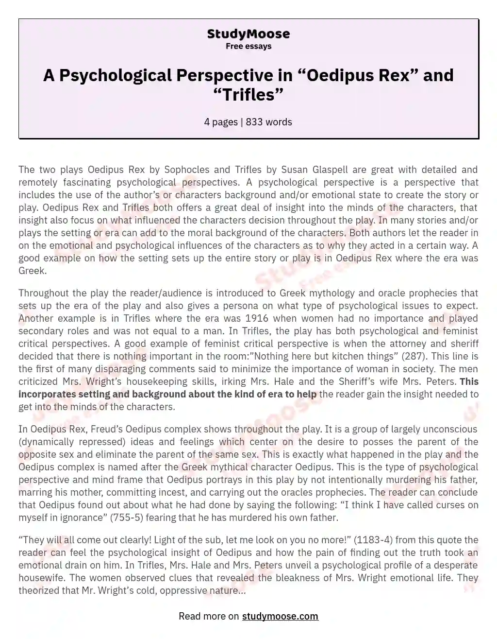 A Psychological Perspective in “Oedipus Rex” and “Trifles”