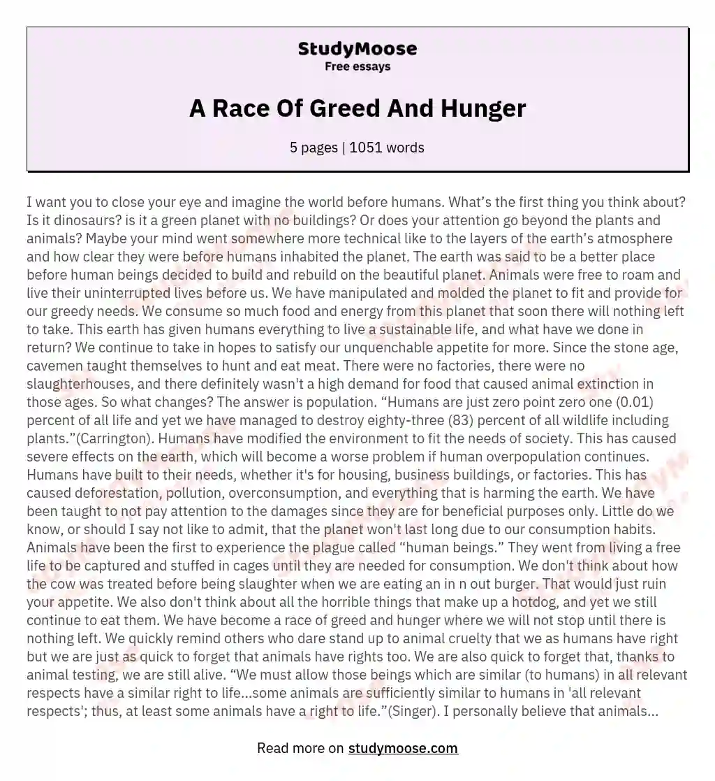 A Race Of Greed And Hunger essay