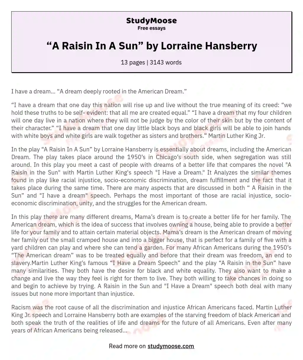 “A Raisin In A Sun” by Lorraine Hansberry essay