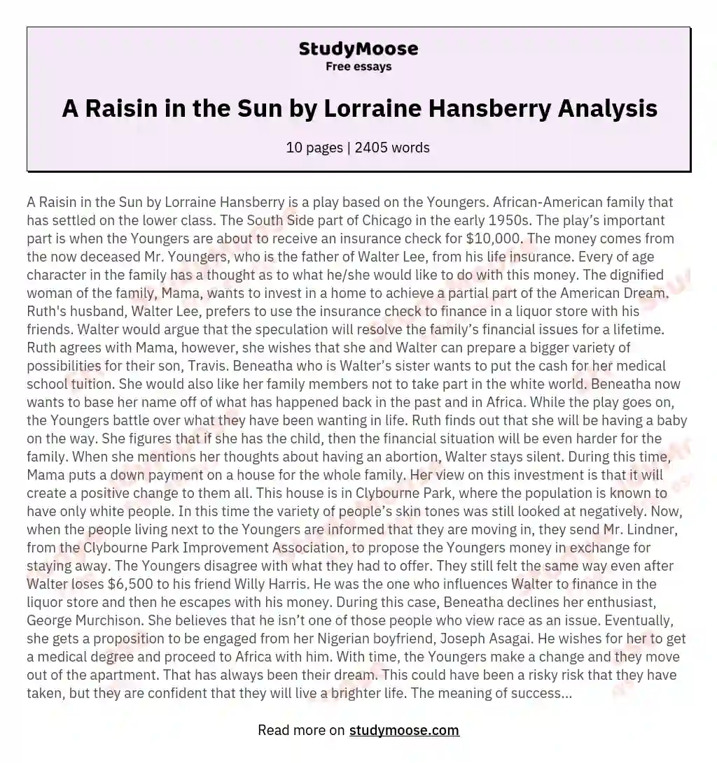 A Raisin in the Sun by Lorraine Hansberry Analysis essay