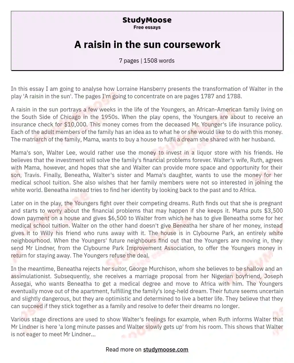A raisin in the sun coursework essay