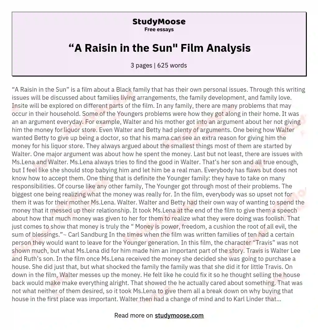 “A Raisin in the Sun" Film Analysis essay
