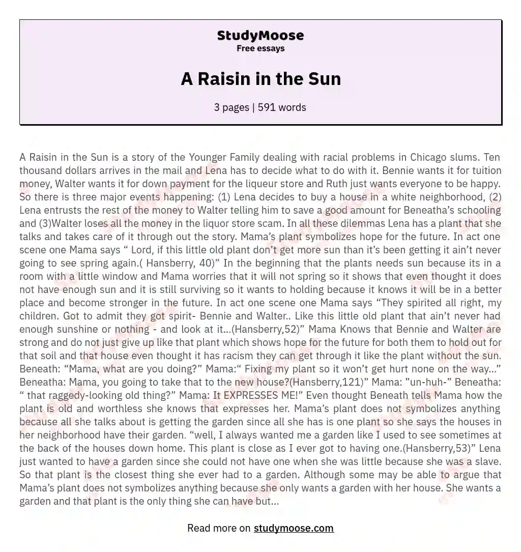 a raisin in the sun argumentative essay