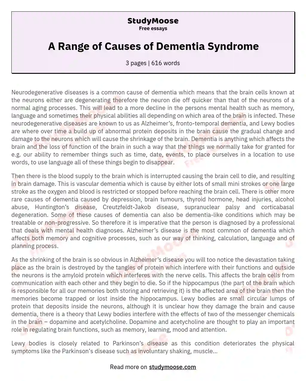 A Range of Causes of Dementia Syndrome essay