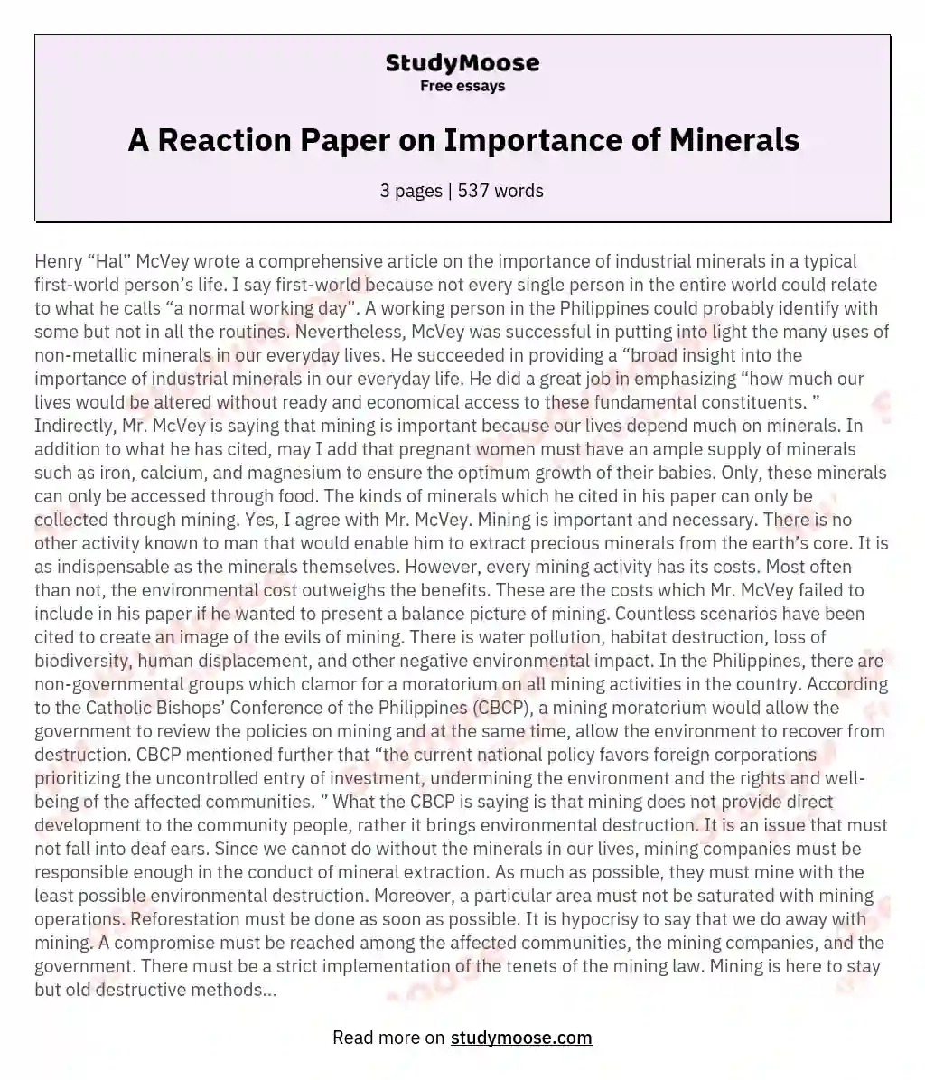 A Reaction Paper on Importance of Minerals essay