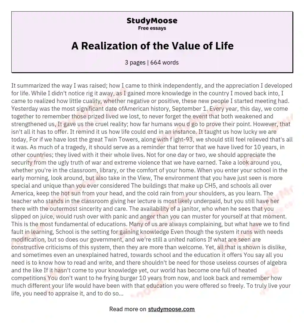 essay about the value of life