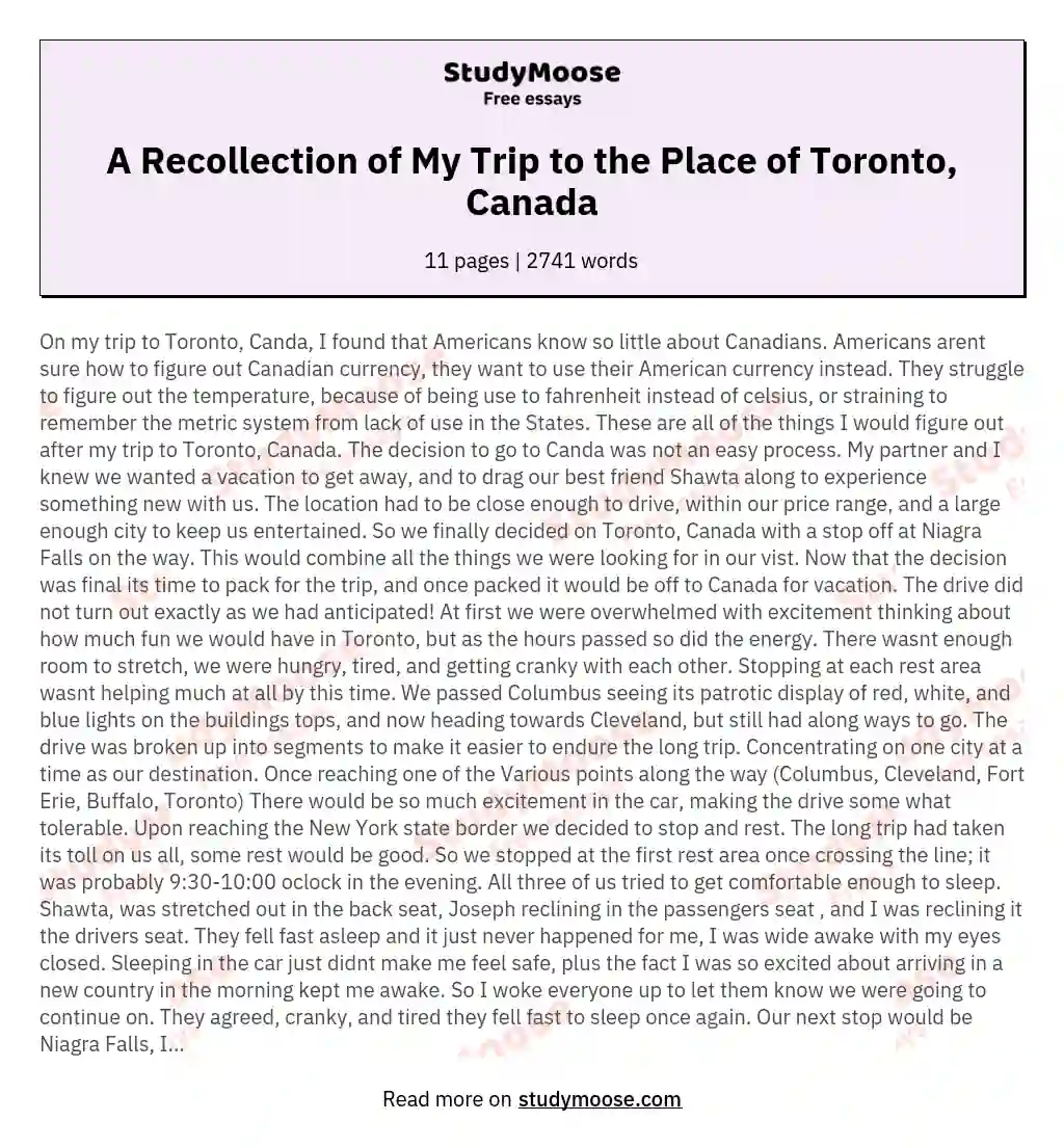 A Recollection of My Trip to the Place of Toronto, Canada essay