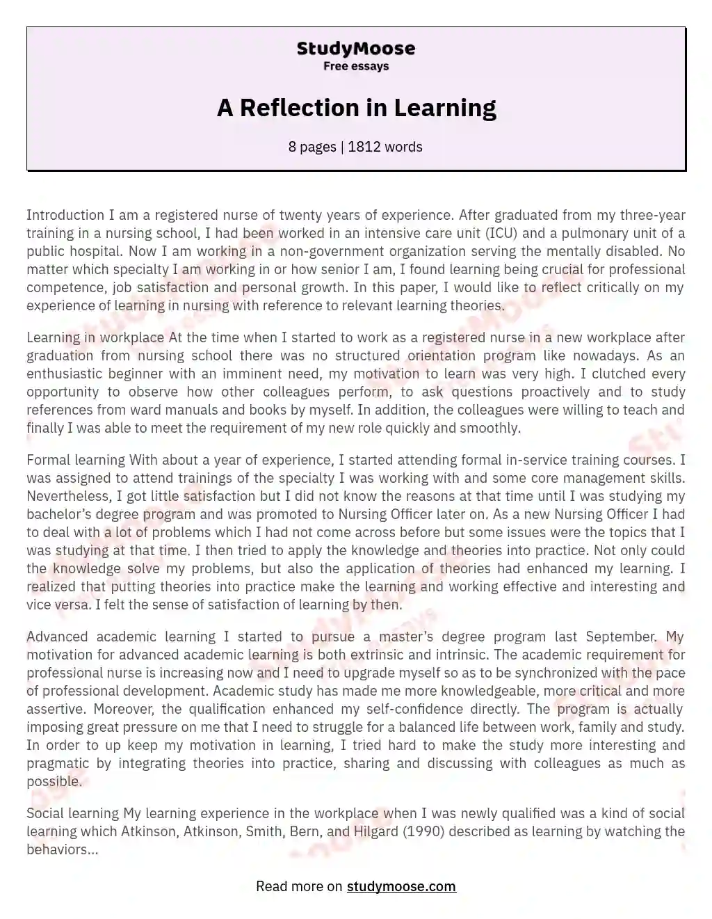 A Reflection in Learning essay