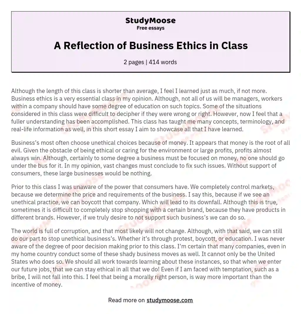 A Reflection of Business Ethics in Class essay
