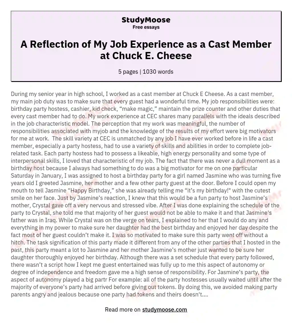 A Reflection of My Job Experience as a Cast Member at Chuck E. Cheese essay
