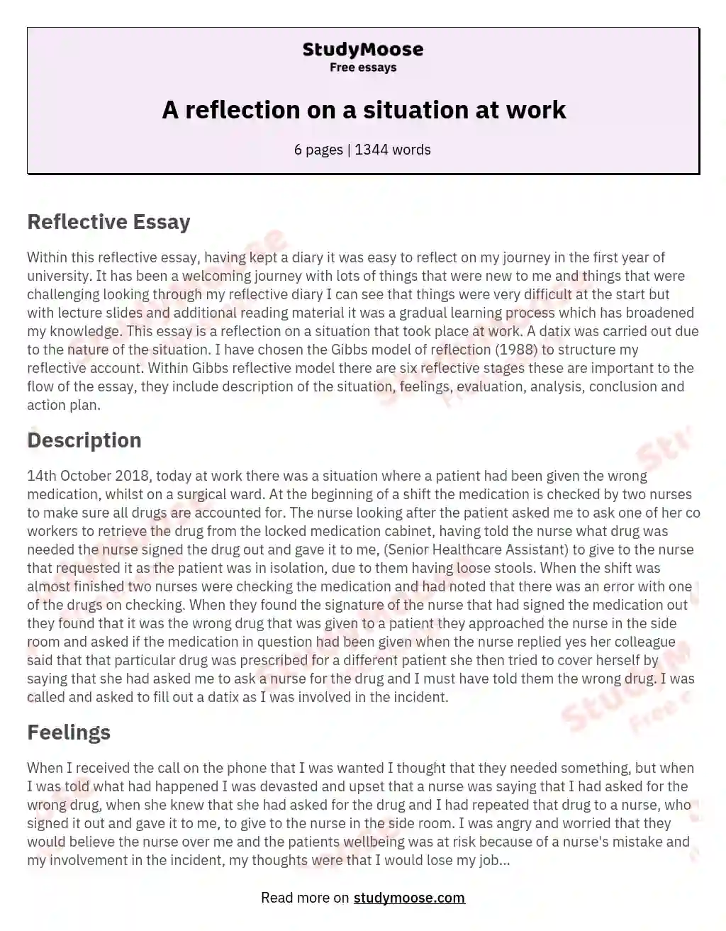 A reflection on a situation at work essay