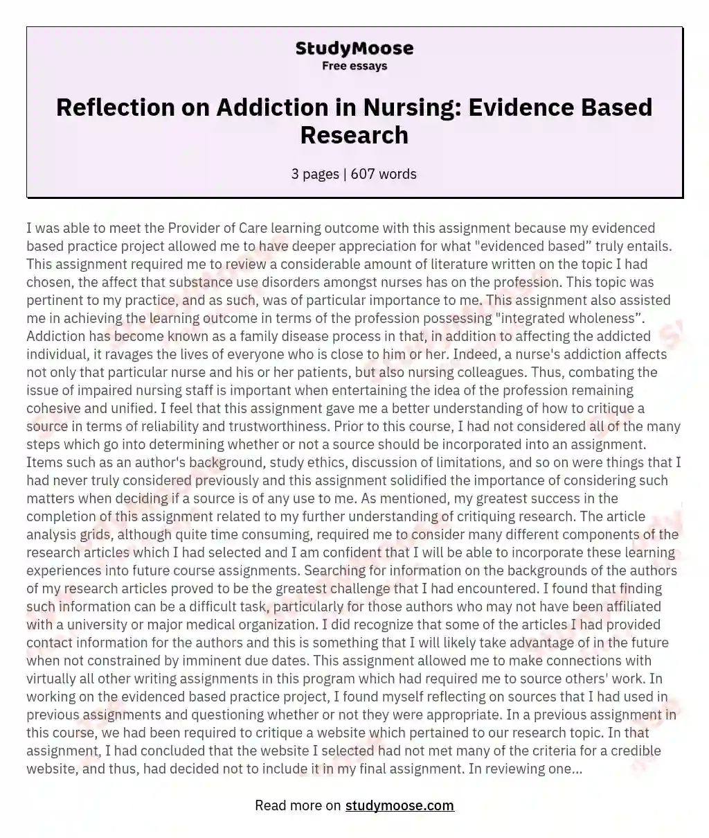 Reflection on Addiction in Nursing: Evidence Based Research essay