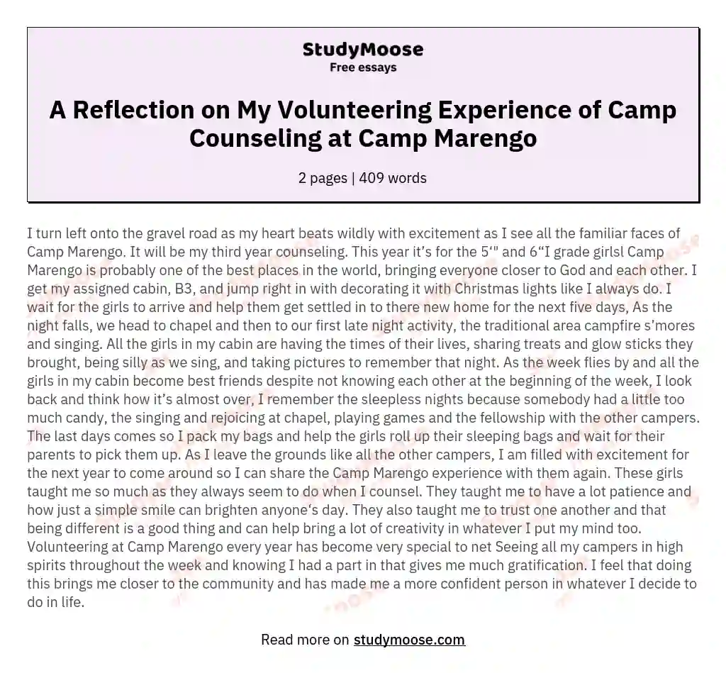 A Reflection on My Volunteering Experience of Camp Counseling at Camp Marengo essay