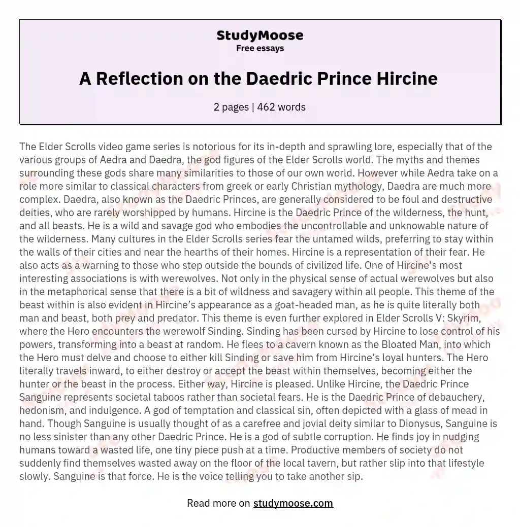 A Reflection on the Daedric Prince Hircine  essay