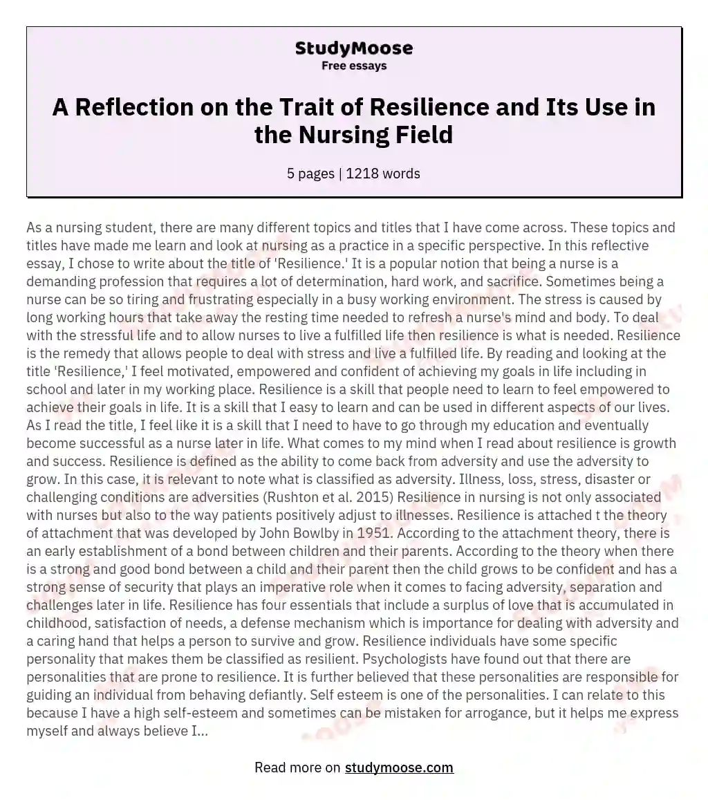 A Reflection on the Trait of Resilience and Its Use in the Nursing Field