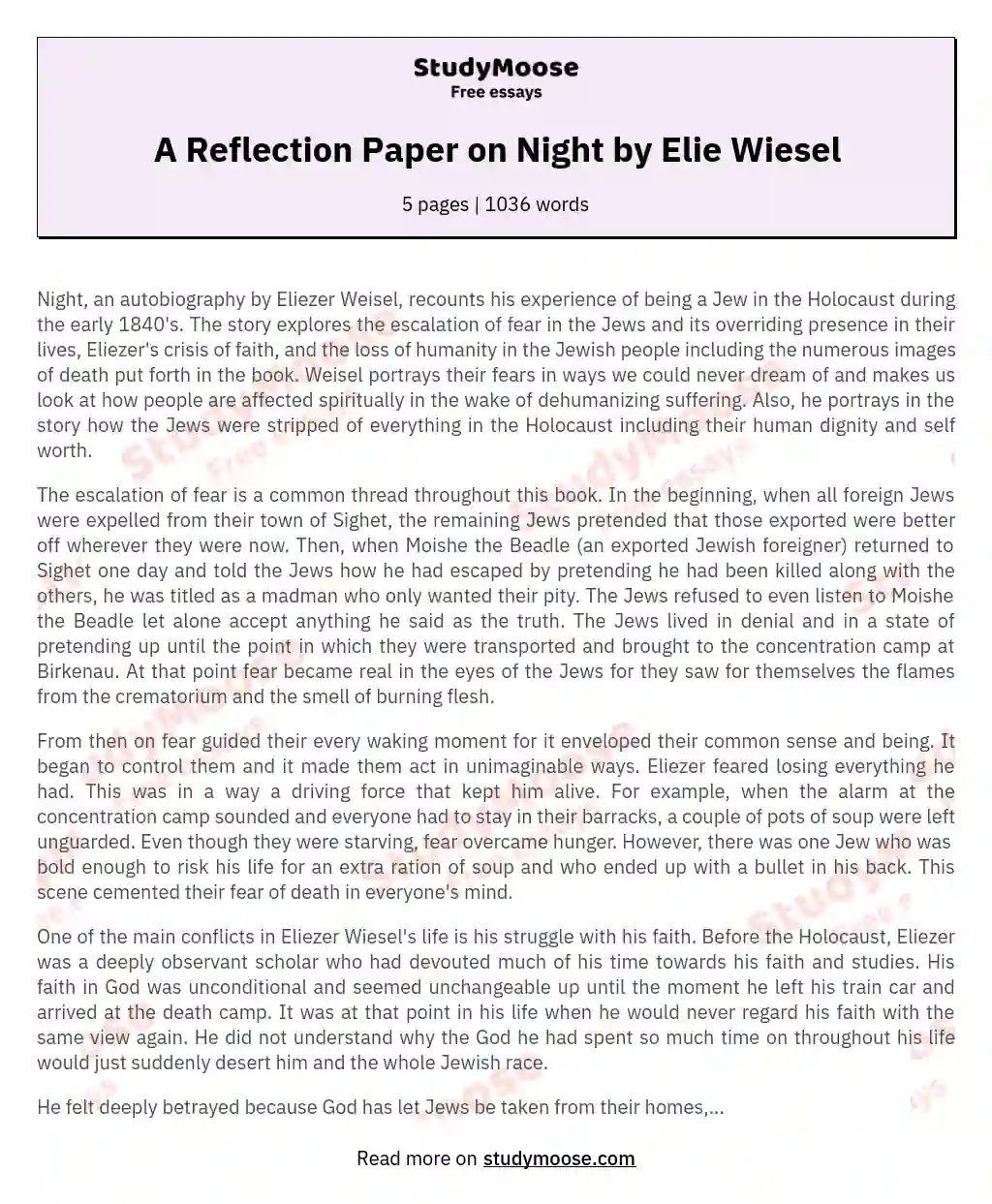 A Reflection Paper on Night by Elie Wiesel essay