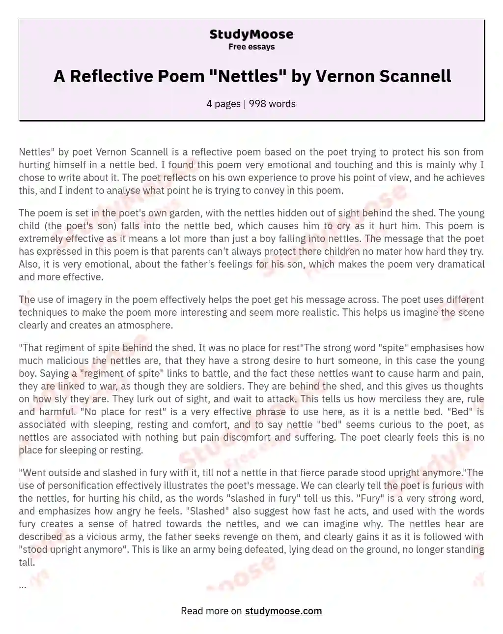 A Reflective Poem "Nettles" by Vernon Scannell essay