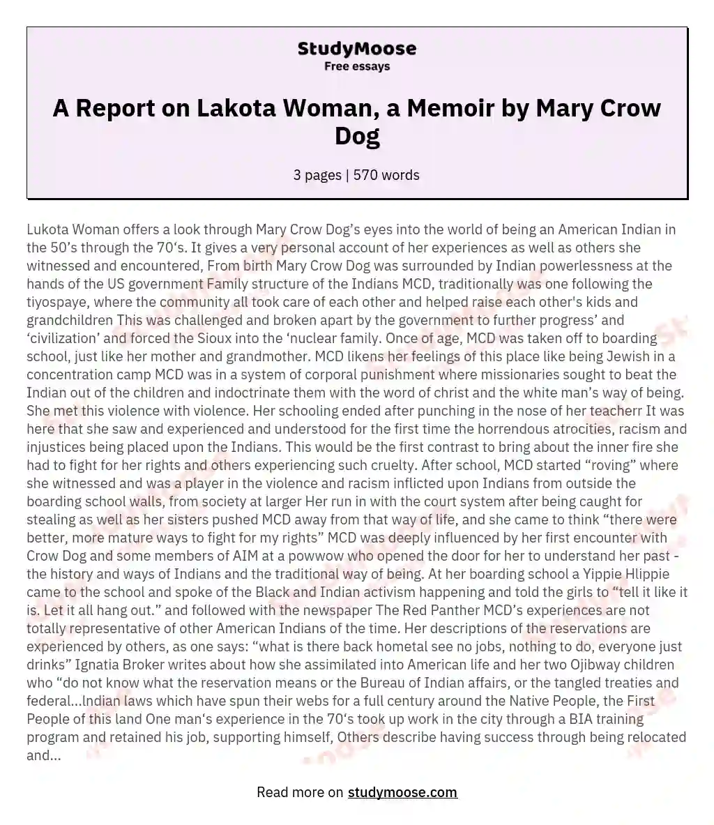 A Report on Lakota Woman, a Memoir by Mary Crow Dog essay