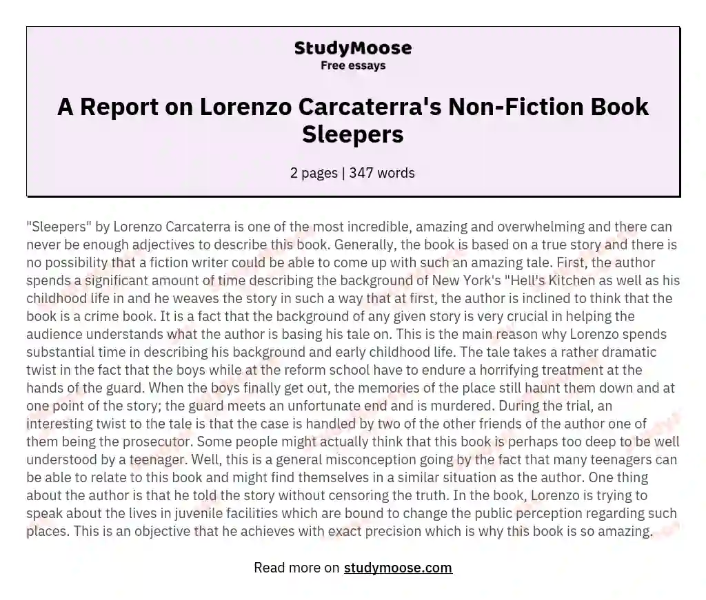 A Report on Lorenzo Carcaterra's Non-Fiction Book Sleepers essay