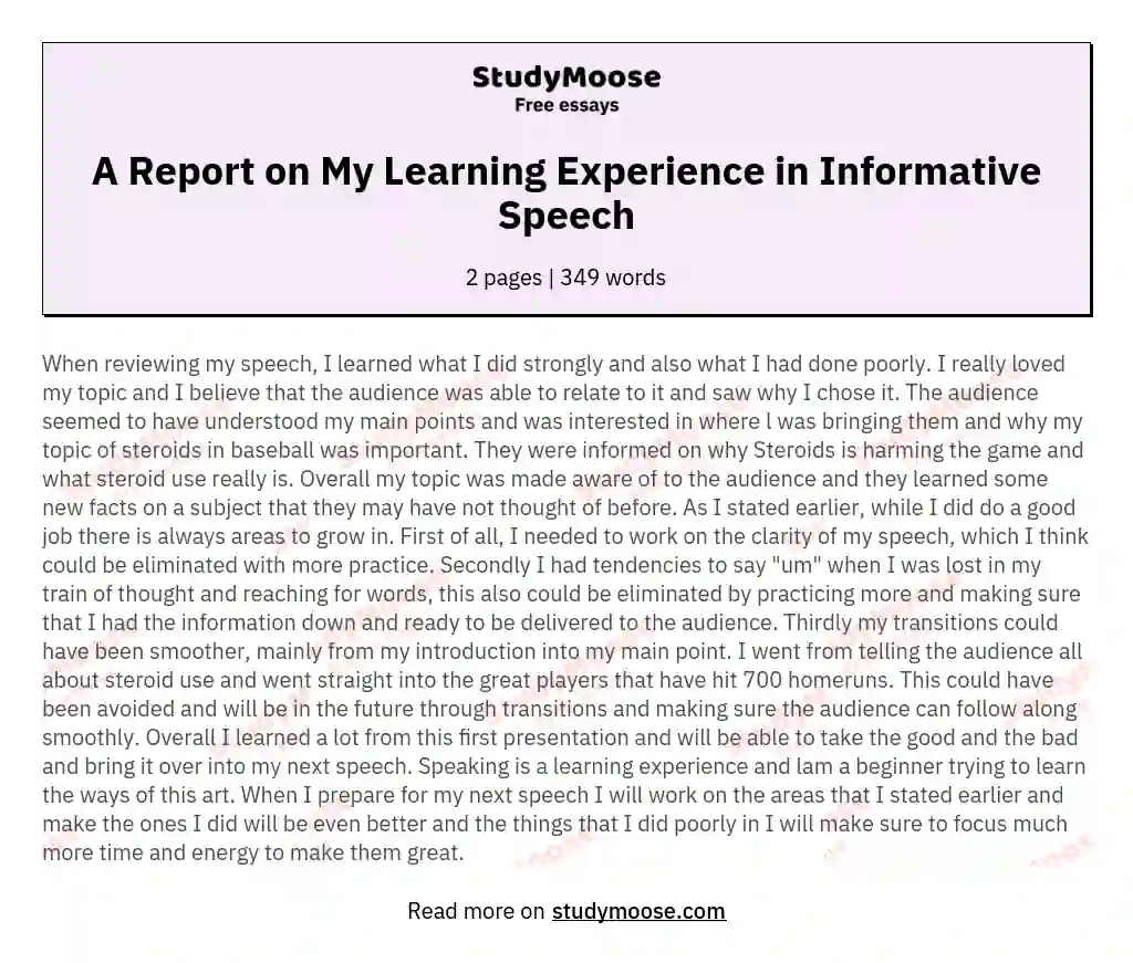 A Report on My Learning Experience in Informative Speech essay