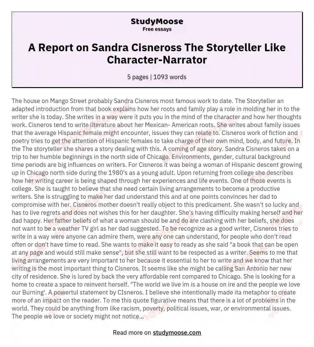A Report on Sandra Cisneross The Storyteller Like Character-Narrator essay