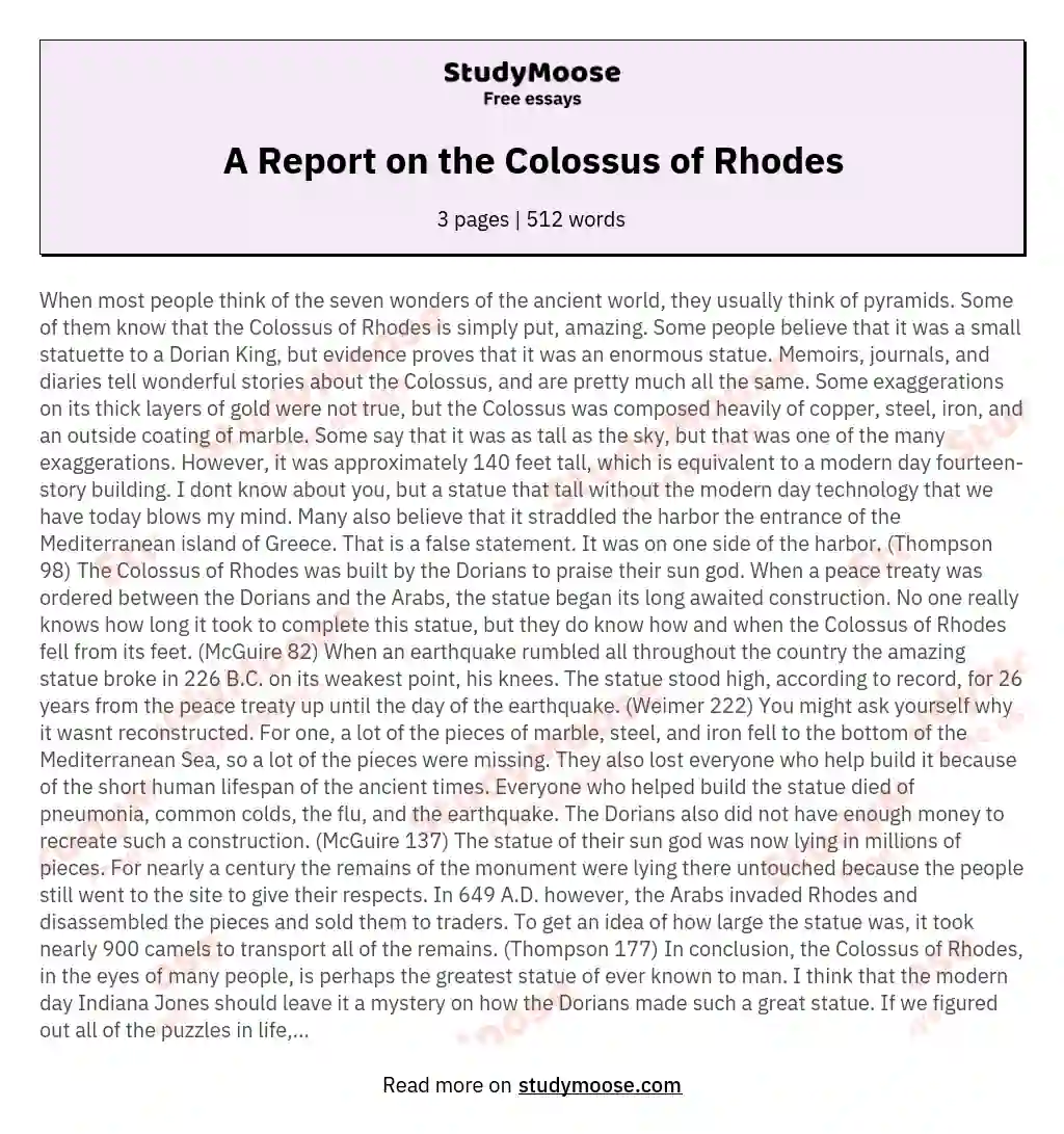 A Report on the Colossus of Rhodes essay