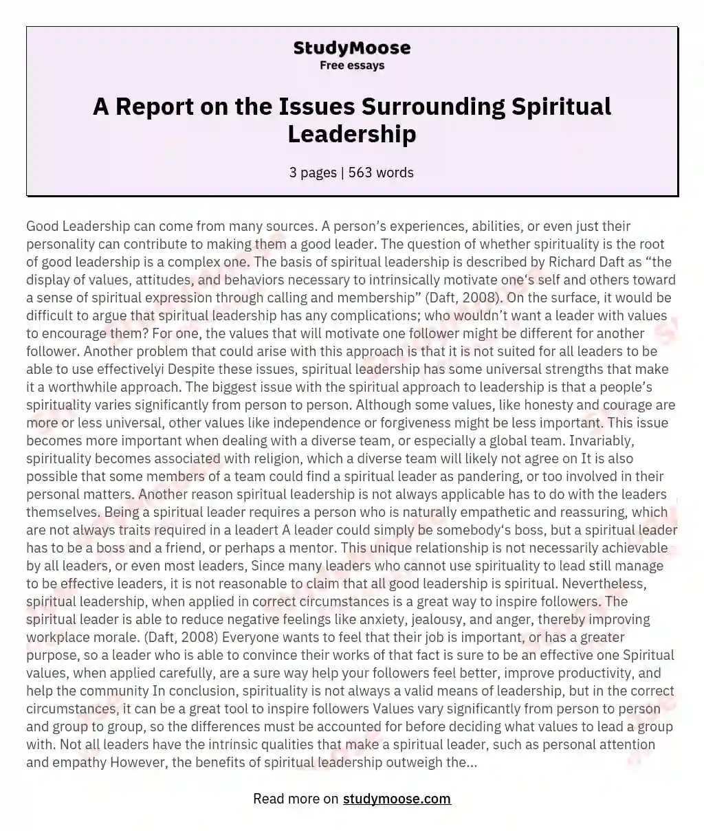 A Report on the Issues Surrounding Spiritual Leadership essay