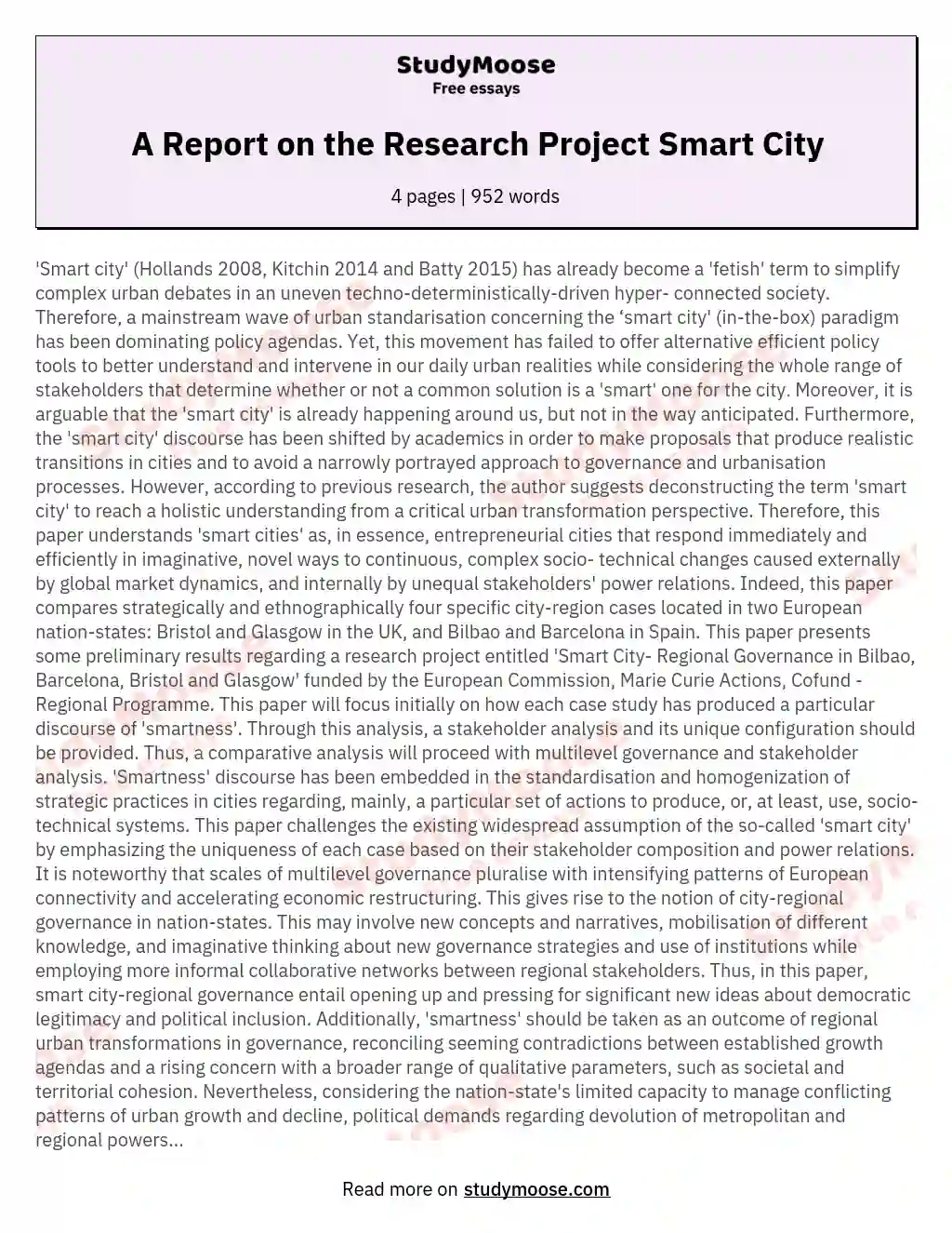 A Report on the Research Project Smart City essay