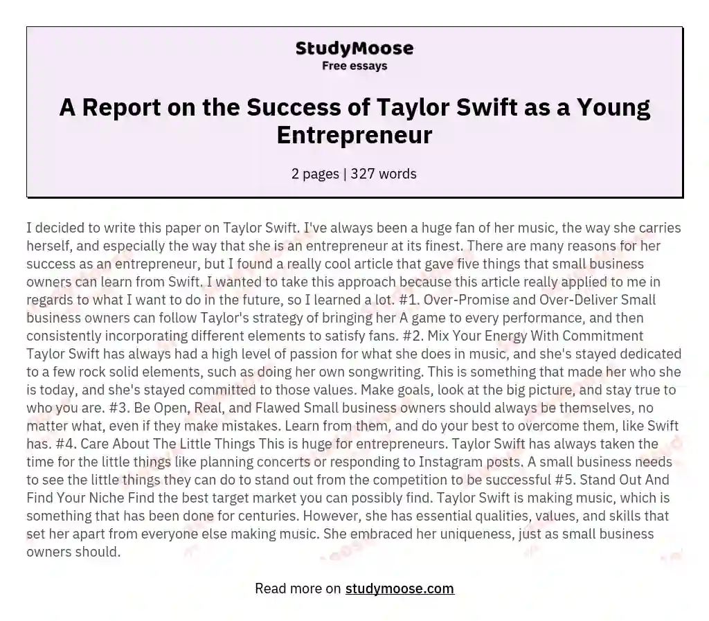 A Report on the Success of Taylor Swift as a Young Entrepreneur essay