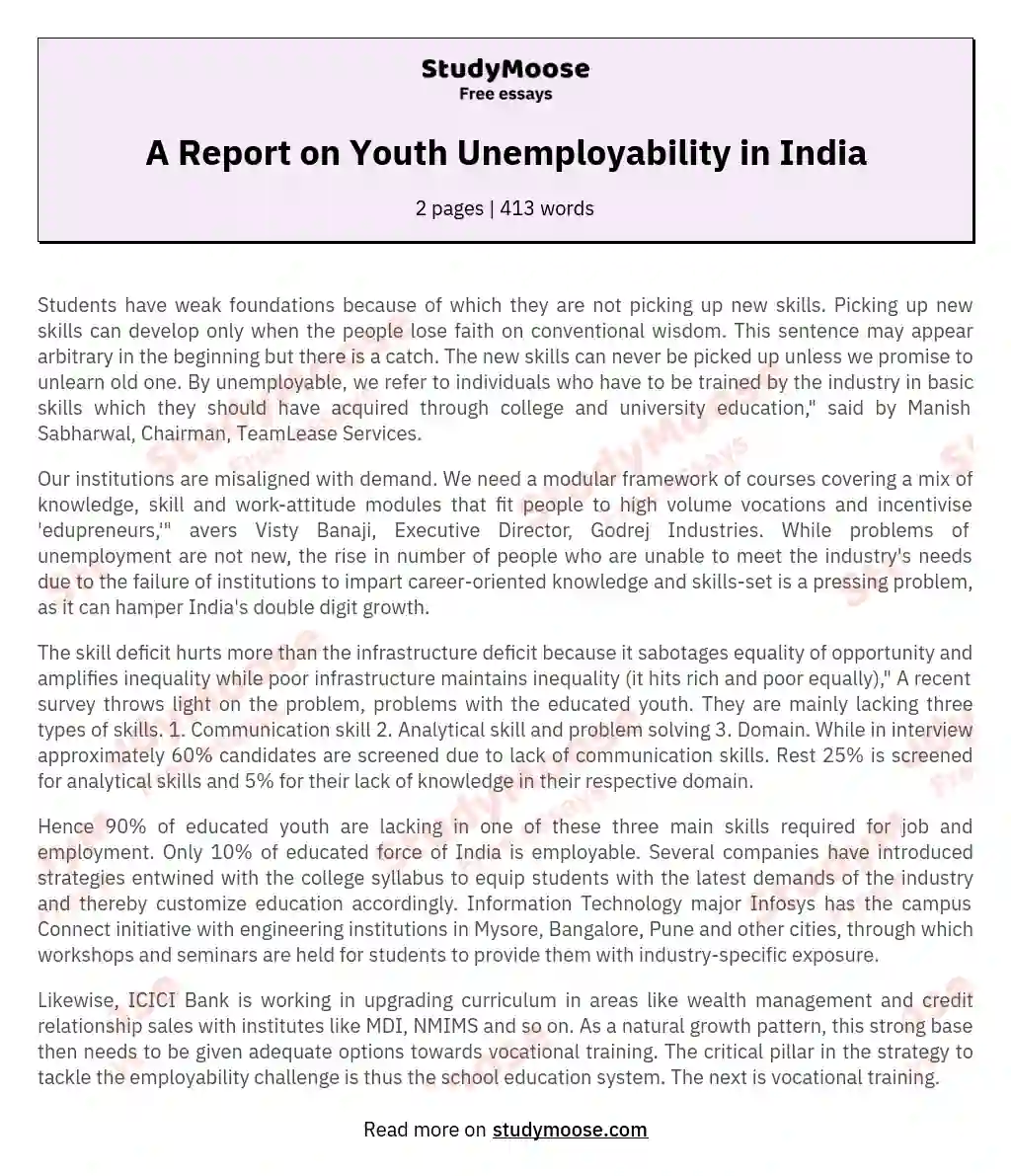 A Report on Youth Unemployability in India essay