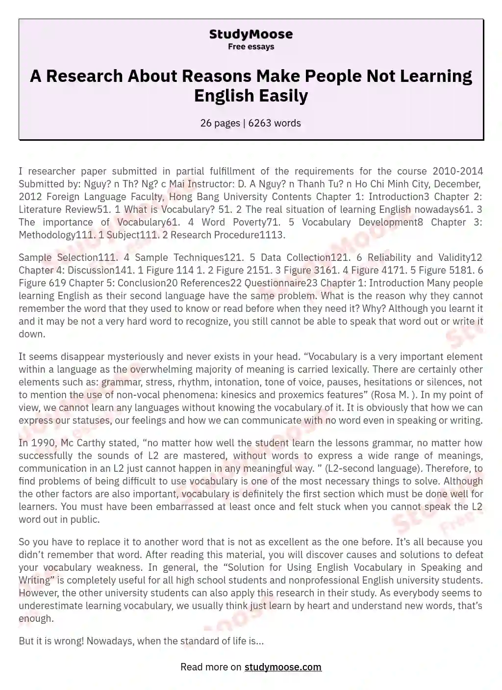 A Research About Reasons Make People Not Learning English Easily essay