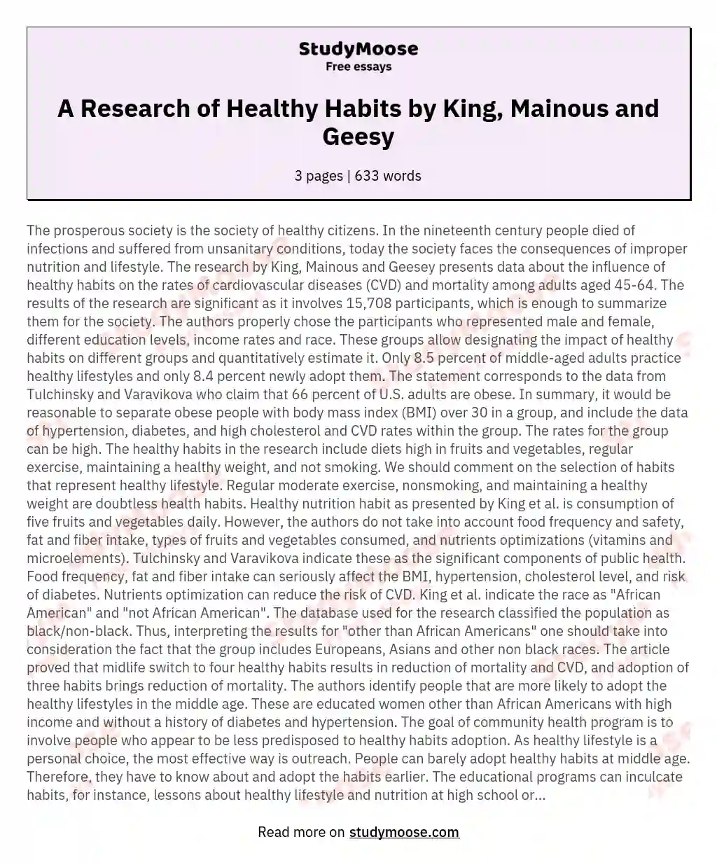 A Research of Healthy Habits by King, Mainous and Geesy essay