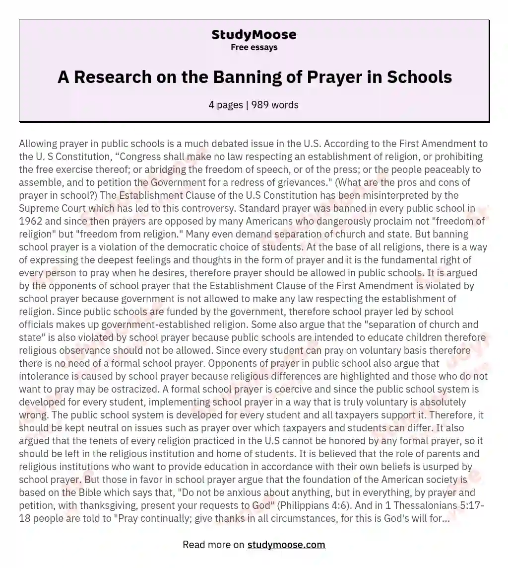 A Research on the Banning of Prayer in Schools essay