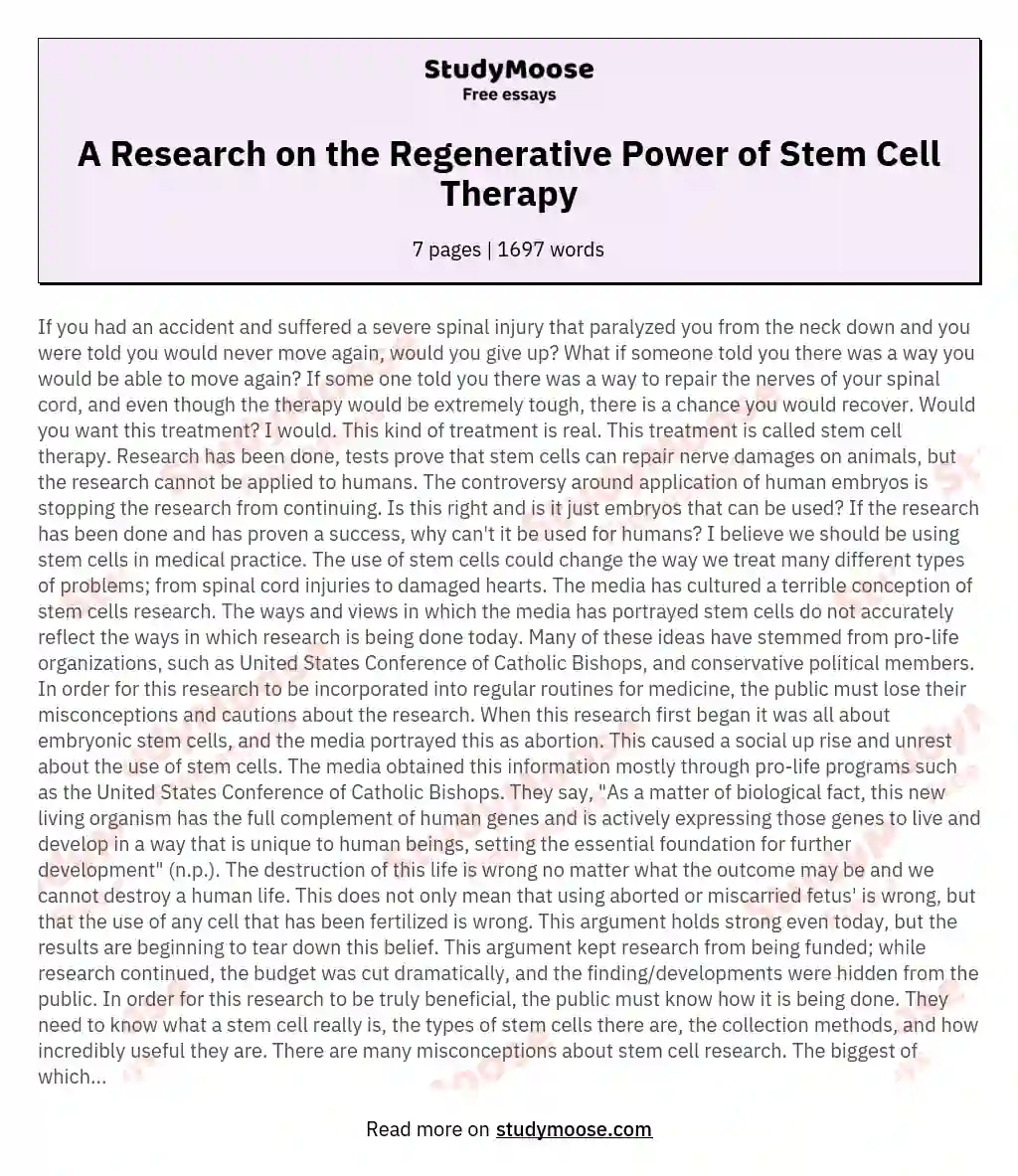 A Research on the Regenerative Power of Stem Cell Therapy essay