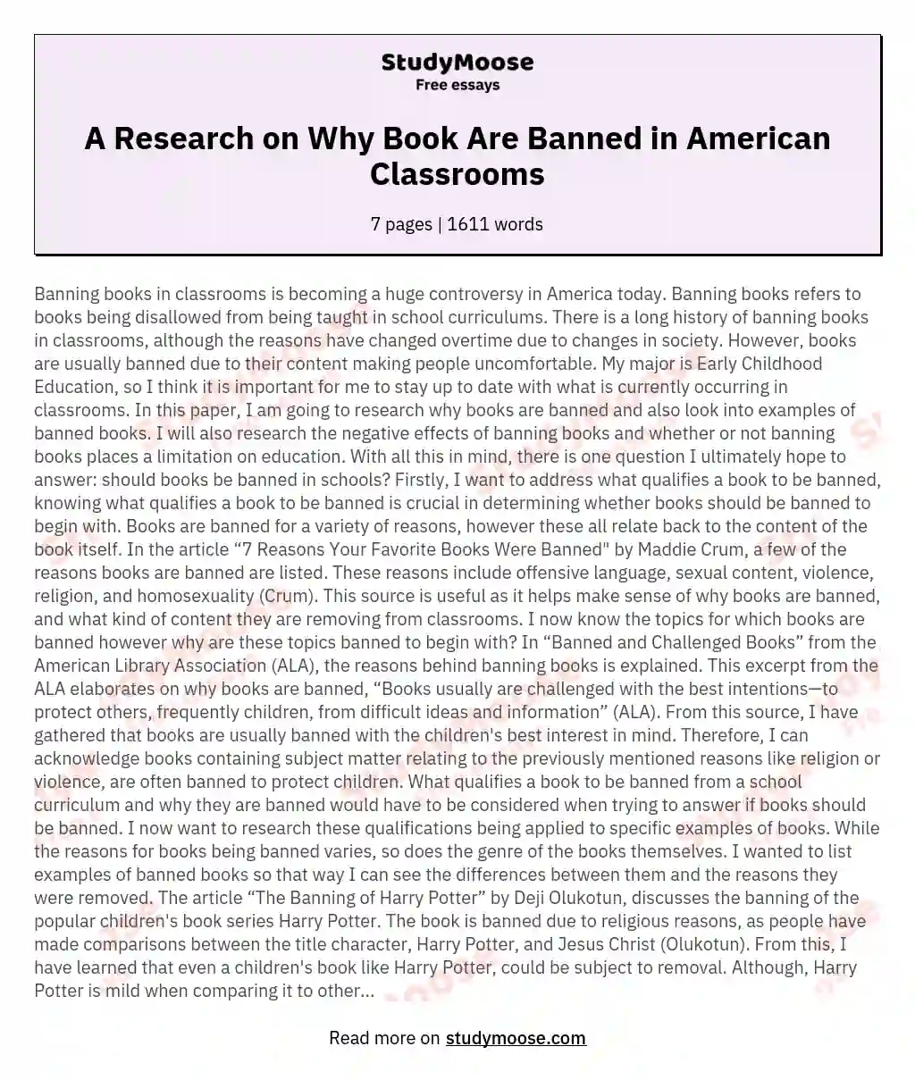 A Research on Why Book Are Banned in American Classrooms essay