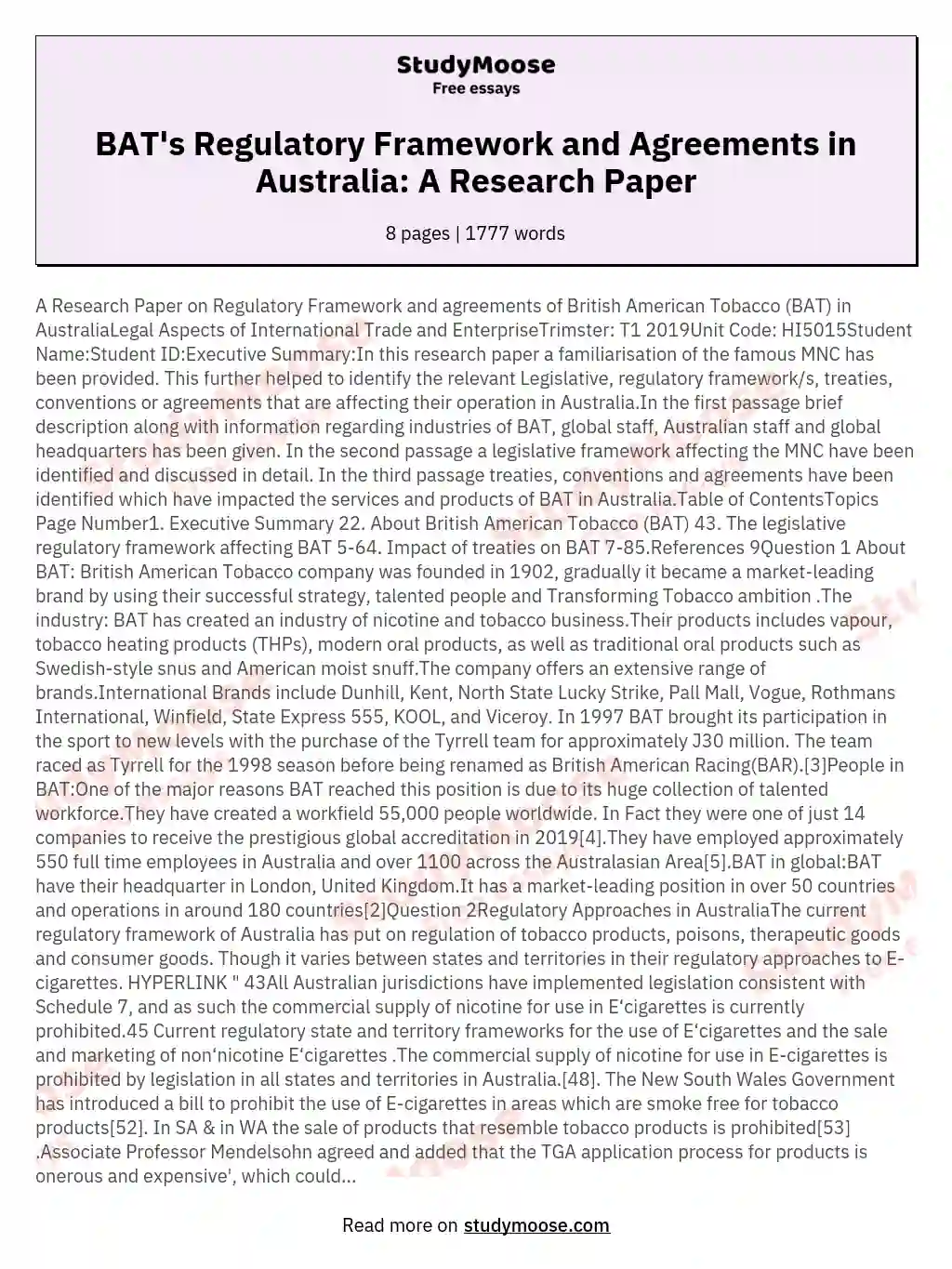 A Research Paper on Regulatory Framework and agreements of British American Tobacco (BAT) in Australia