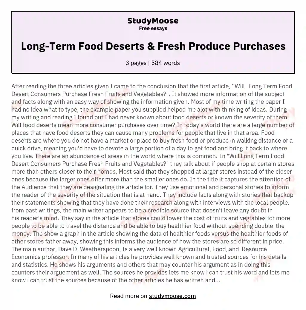 Long-Term Food Deserts & Fresh Produce Purchases essay