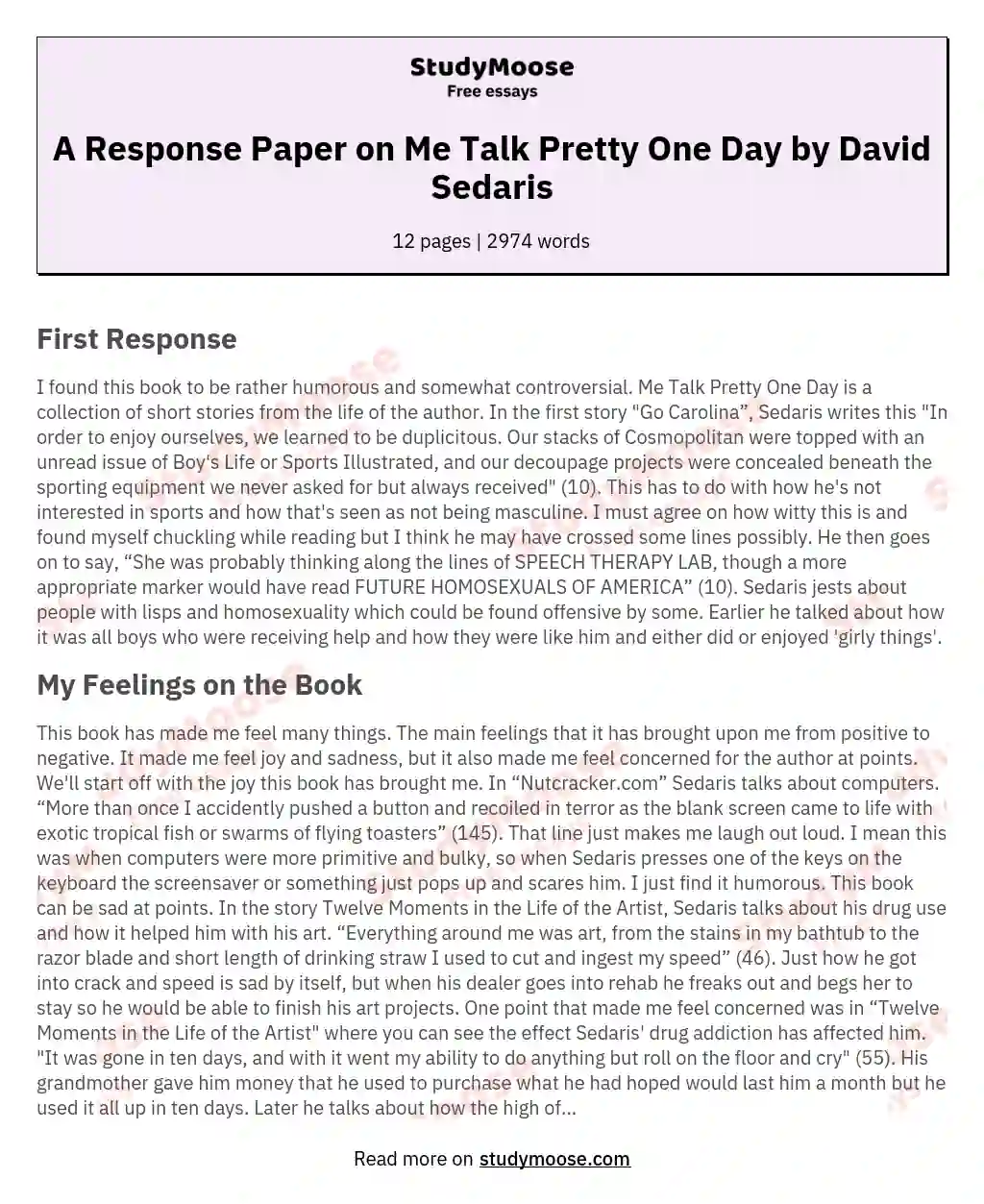 A Response Paper on Me Talk Pretty One Day by David Sedaris essay