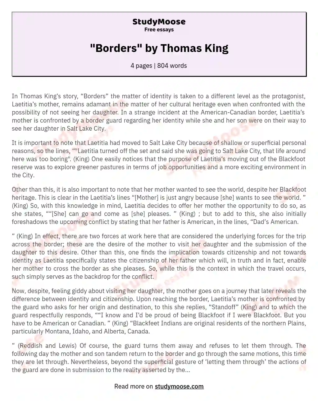 "Borders" by Thomas King essay
