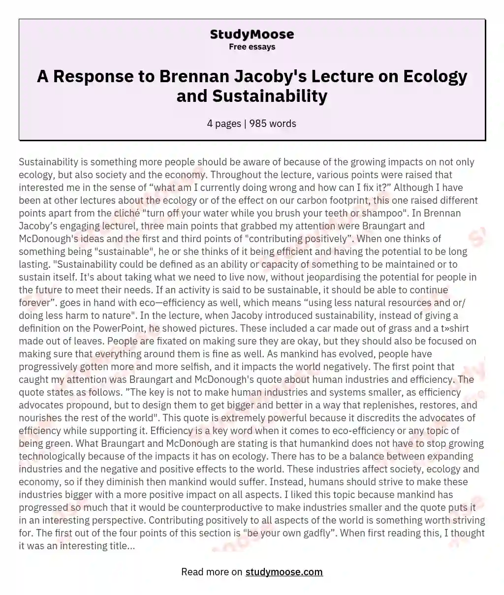 A Response to Brennan Jacoby's Lecture on Ecology and Sustainability essay