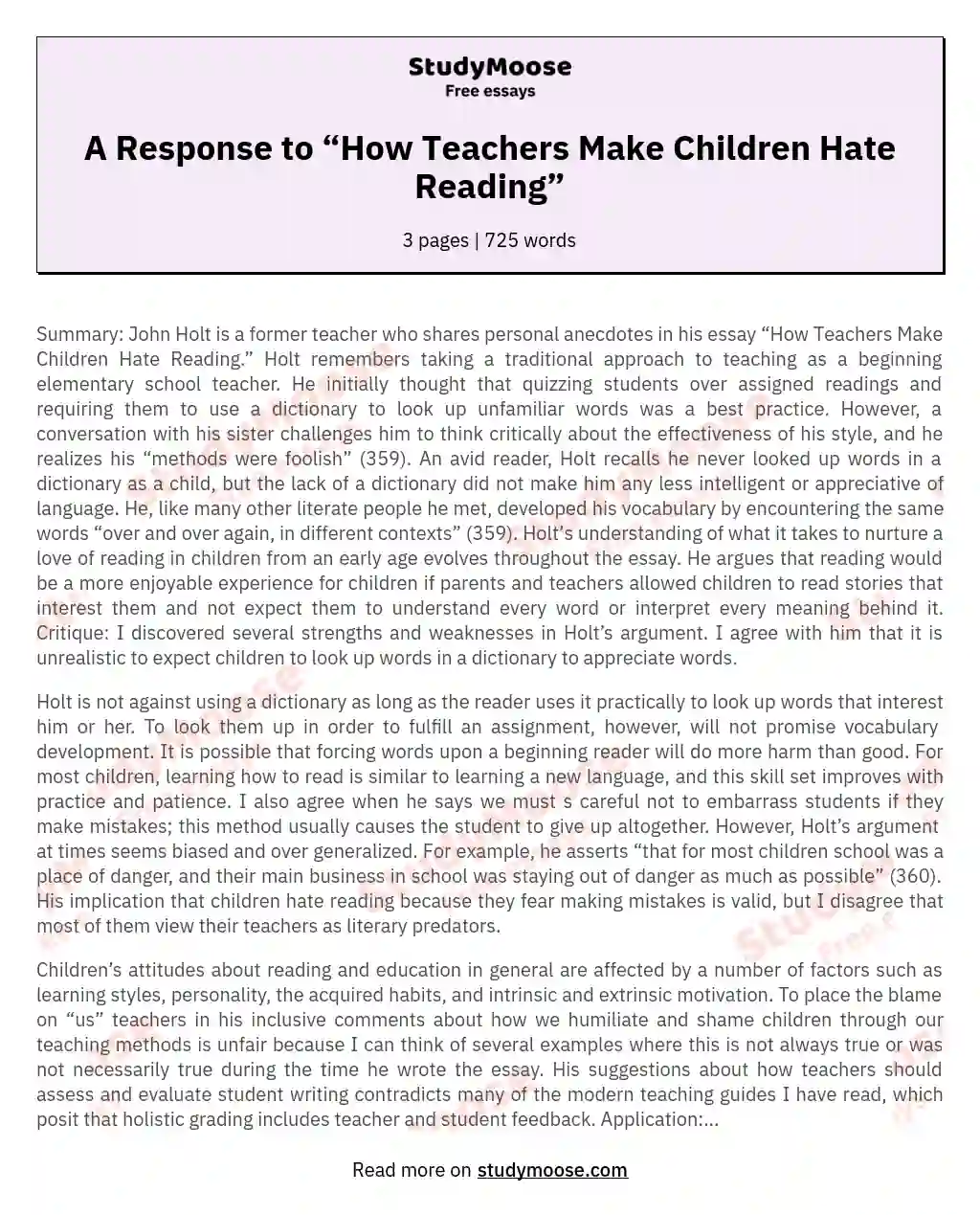 A Response to “How Teachers Make Children Hate Reading” essay