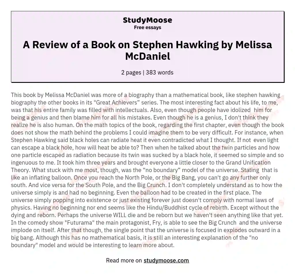 A Review of a Book on Stephen Hawking by Melissa McDaniel essay