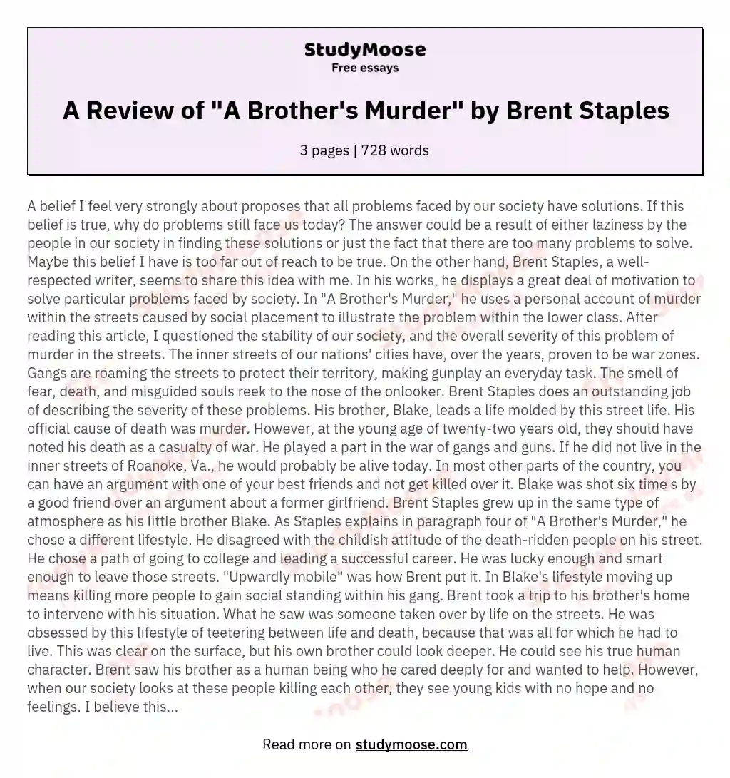 A Review of "A Brother's Murder" by Brent Staples essay